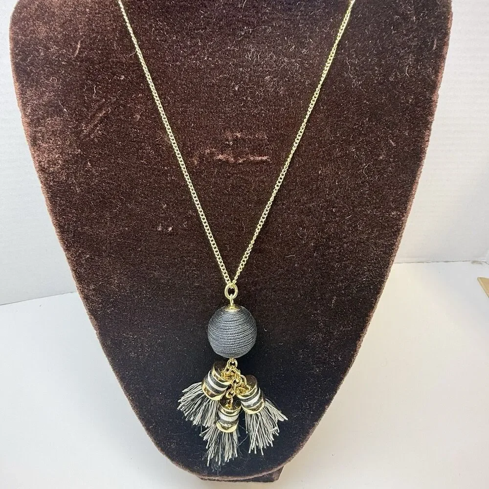 Talbots Gold Black And White Thread Wrapped Sphere W/Tassels Long Necklace